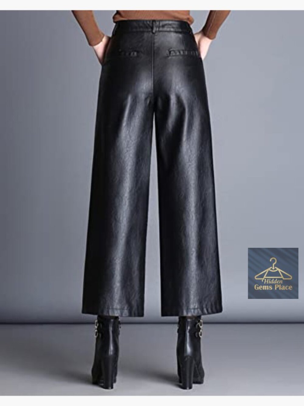 High Waist Wide Leg Faux Leather Palazzo Pants Elastic Waist - Picture 3 of 7